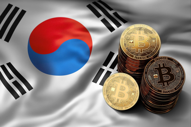 korean flag with bitcoins stacked on top