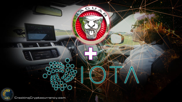jaguar car logo and iota logo over inside land rover looking at dash with screen and driver with tech network overlay
