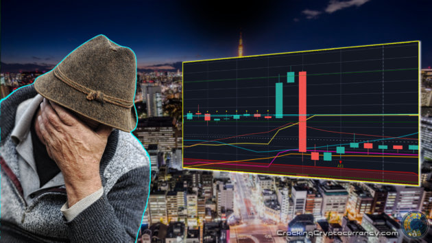 japanese man hand on forehead upset with chart picture next to him with bad red candle