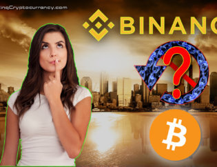 Armageddon-background-of-citscape-with-woman-in-foreground-question-face-binance-logo-above-rewind-symbol-with-chains-inside-symbol-and-question-mark-in-middle-bitcoin-logo-below