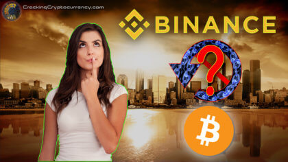 Armageddon-background-of-citscape-with-woman-in-foreground-question-face-binance-logo-above-rewind-symbol-with-chains-inside-symbol-and-question-mark-in-middle-bitcoin-logo-below