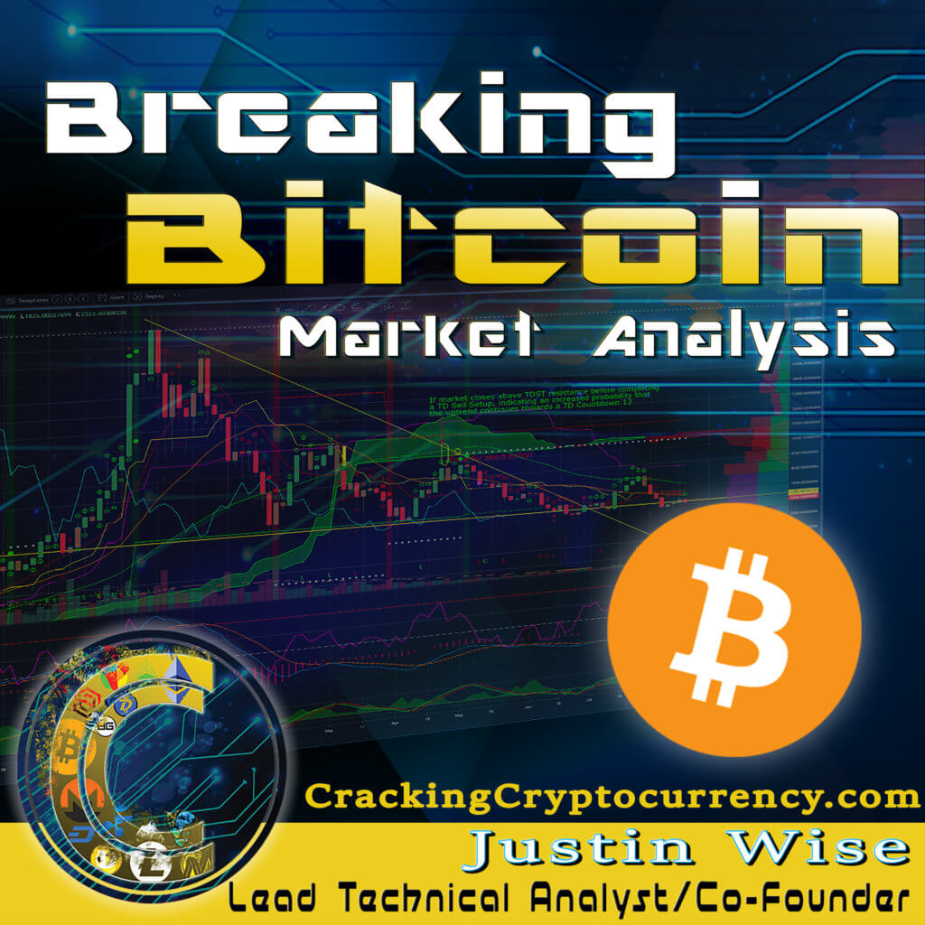 breaking bitcoin show logo graphic with the words over chart background and bitcoin logo below words and at bottom justin wise's name and title with cracking crypto logo to the left