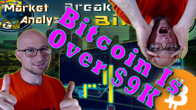 text bitcoin is over $9k in between two thumbs justin and 2 hand son face shocked upside down justin with chart graphic background and bitcoin logo