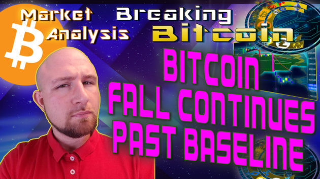 text bitcoin fall continues past baseline next to justins crinckle questioning face with cool aurora star sky graphic background and bitcoin logo