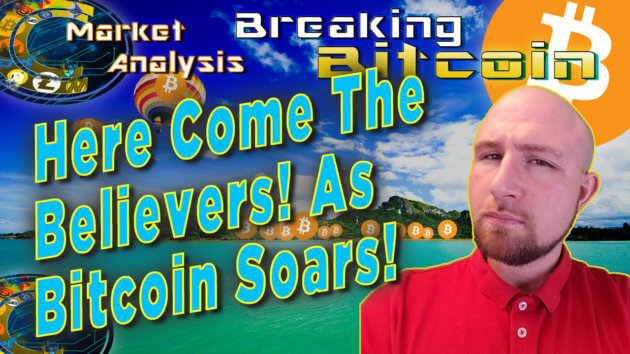 text here come the believers! as bitcoin soars next to justin with graphic background of tropical island with little bitcoins at the coast and bitcoin logo