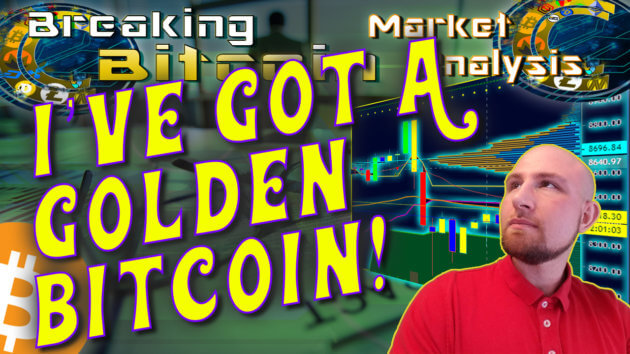 text i've got a golden bitcoin in willy wonka font next to justin's face looking up off into the distance with chart graphic background and bitcoin logo