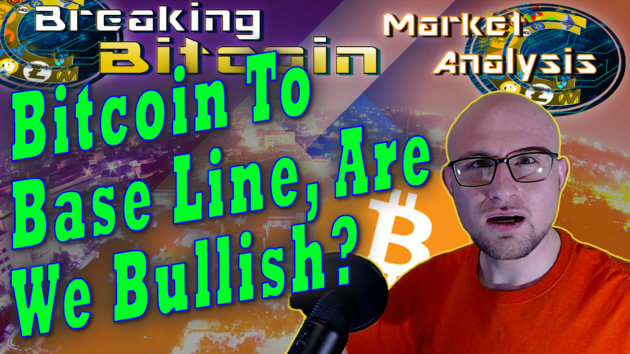 text bitcoin to base line, are we bullish? Next to justin shocked gasping face with plane view of city at night and overlay background graphic with show title at top and bitcoin logo