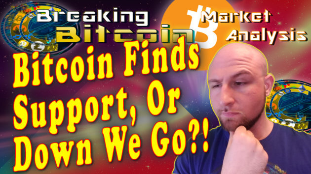 text bitcoin finds support, or down we go?! next to just thinking with hand on chin face and material overlay on star graphic background with bitcoin logo and cracking cryptocurrency breaking bitcoin show title and logo at top