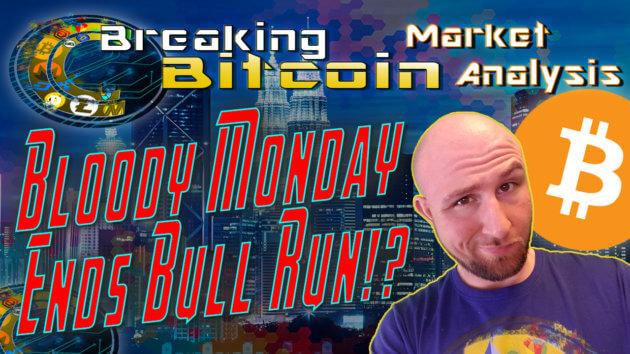 text bloody Monday ends bull run? next to justin's smug 'yea ok' face with skyline graphic background and bitcoin logo
