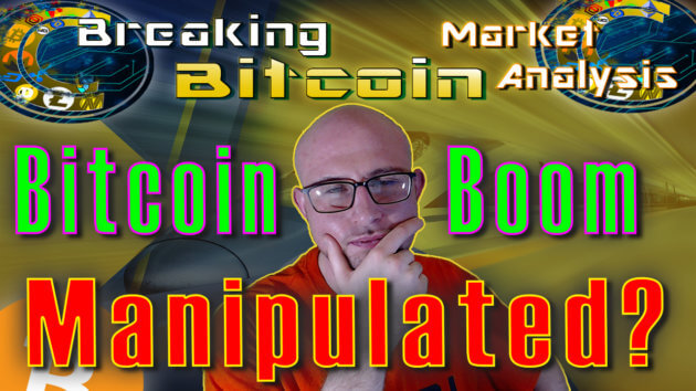 text bitcoin boom manipulated? around justin's face thinking with hand on chin with speed train tunnle graphic with material yellow transparent overaly background graphic and bitcoin logo