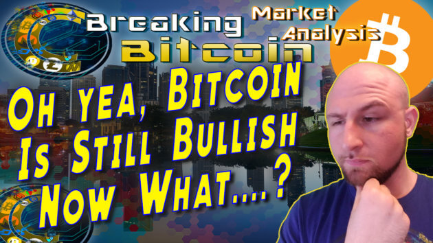 text oh yea, bitcoin is still bullish, now what? Next to Justin's face thinking with background graphic and bitcoin logo
