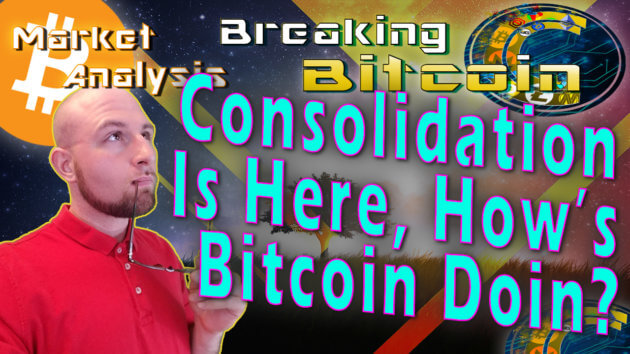 text consolidation is here, how's bitcoin doin? next to justin looking into distance thinking with glasses to lip with background graphic of single tree in middle of landscape with material transparent overlay and bitcoin logo with show title at top