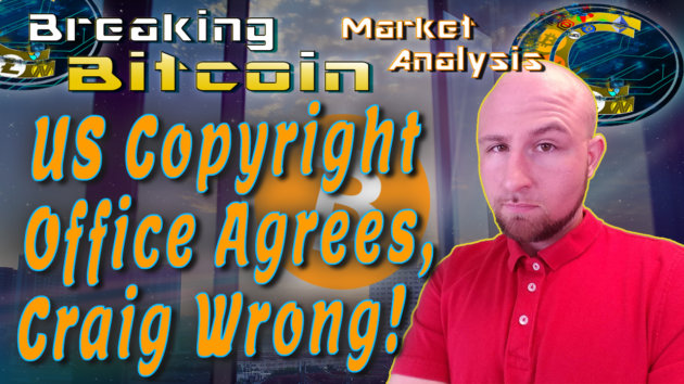 text us copyright office agres! Craig Wrong! next to Justin's face with graphic background and show title at the top and bitcoin logo in the middle background