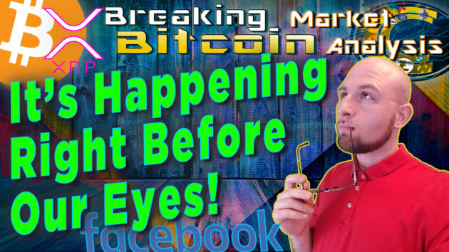 text it's happening right before our eyes next to justin thinking into the distance with glasses on lip with graphic background and bitcoin facebook ripple logo