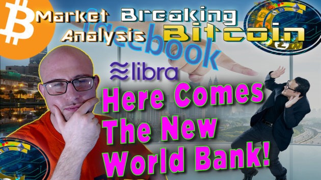 text here comes the new world bank next to justin's hand on chin very questioning and thinking face with graphic background of big hand poiting/poking a scared person pulling back in fright with bitcoin and facebook logo