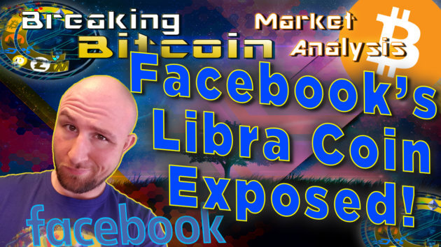 text facebook's libra coin exposed next to justin's questioning smug face with graphic background and facebook and bitcoin logo