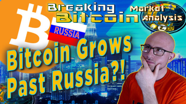 text bitcoin grows past russia?! next to hand on chin questioning thinking face Justin with city landscape overlay graphic background and russia flag small with giant bitcoin logo