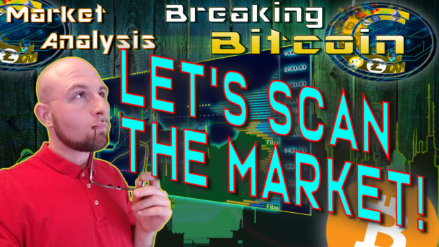text let's scan the market next to justin thinking looking into the distance with glasses in hand and up to lip with market graphic design background and bitcoin logo