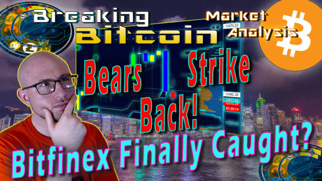 text bears strike back! bitfinex finally caught! next to jay with hand onf ace thinking with graphic background and bitcoin logo