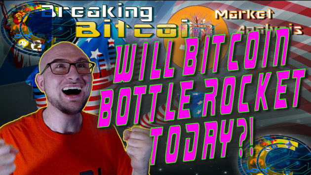 text will bitcoin bottle rocket today! with graphic background bitcoin logo