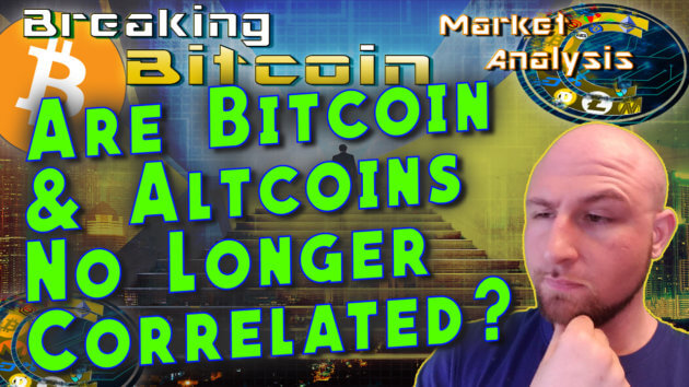 text are bitcoin adn altcoins no longer correlated? next to justin with hand on chin thinking and graphic background and bitcoin logo