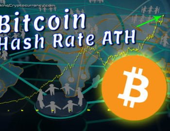 text bitcoin hash rate ath over graphic background of world map with overlay of network illustration of circle hubs connected with lines and stick people on each hub representing nodes and people running miners to mine bitcoin with big bitcoin logo under the line chart graph of hash rate