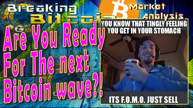 text are you ready for the next bitcoin wave next to meme of aaron lynde trading crypto with words you know that tingly feeling you get in your stomach, it's fomo just sell with wood panel graphic background and bitcoin logo