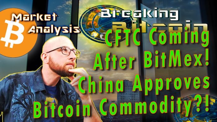 text cftc coming after bitmex! China approves bitcoin commodity next to just with hand on chin think looking at words with skyscraper window graphic back ground and cracking cryptocurrency logo shining through center top of window and bitcoin logo in left top corner