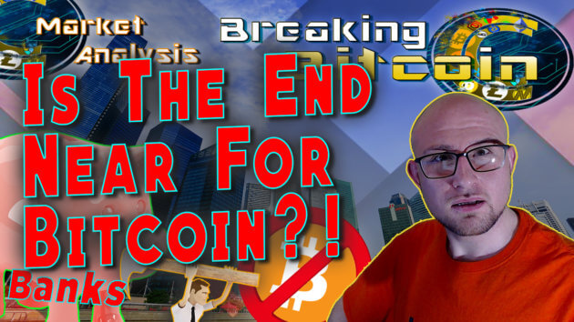 text is the end near for bitcoin?! next to justins relaxed but shocked face with graphic background and cartoon man with hammer chasing bitcoin logo with no symbol over it and a piggy bank with text banks behind the cartoon man and bitcoin logo
