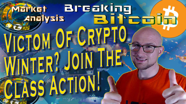 text victom of crypto winter! join the class action! next to justins two thumbs up face and graphic background with bitcoin logo
