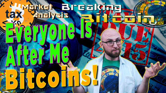text everyone is after me bitcoins! next to justin with cracking crypto logo shirt on with hands out like check this out with background graphic and bitcoin logo