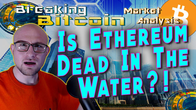 text is ethereum dead in the water next to justin's shocked jaw dropped face with graphic background and bitcoin logo