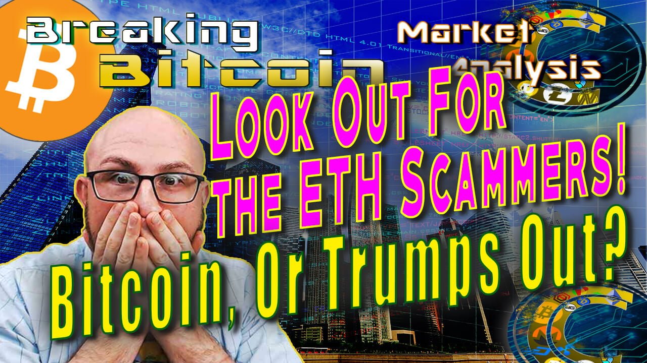 text look out for the eth scammers! under that, Bitcoin or trumps out? next to justin with both hands on faced shocked with city skyscrapers architecture with hacker tech grids overlay background graphic