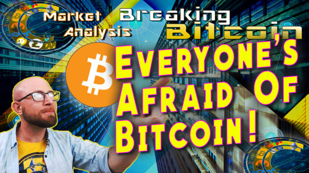 text everyone's afradi of bitcoin next to looking up into distance with hand entended pointing at the text justin with city skyscraper looking graphic background and bitcoin logo