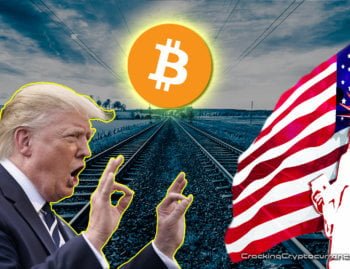 trump with two hands up in 'ok' symbol and mouth open talking looking to right at illustration of lady liberty and american flag with background graphic of train tracks running up into distance leading to big bitcoin logo with shining yellow behind it