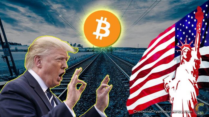 trump with two hands up in 'ok' symbol and mouth open talking looking to right at illustration of lady liberty and american flag with background graphic of train tracks running up into distance leading to big bitcoin logo with shining yellow behind it