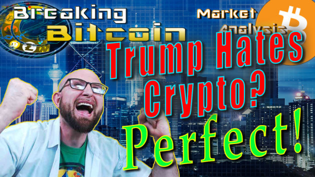 text trump hates crypto? perfect! next to insane happy justin with both arms up and 2 fists screaming in excitement with graphic background and bitcoin logo