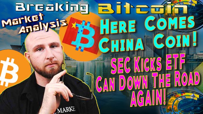 text here comes china coin! SEC kicks etf can down road again! next to just with glasses in hand thinking kinda confused wondering face and graphic background of china cityscape singapore and bitcoin logo and china flag over bitcoin logo china coin