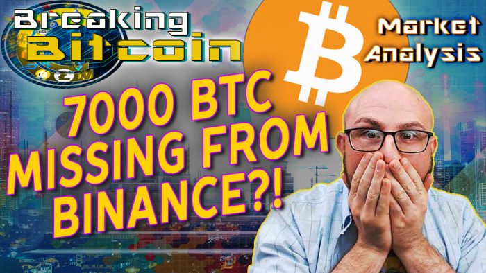text 7000 btc missing from binance? next to justin shocked hands on mouth face with graphic background and bitcoin logo