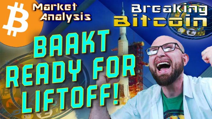 text bakkt ready for liftoff! next to Justin screaming in excitment with both fists raised and background graphic with bitcoin logo