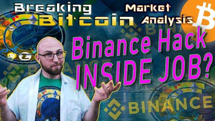 text binance hack inside job? next to questioning justin with hands up shrugging with graphic background and bitcoin binance logos