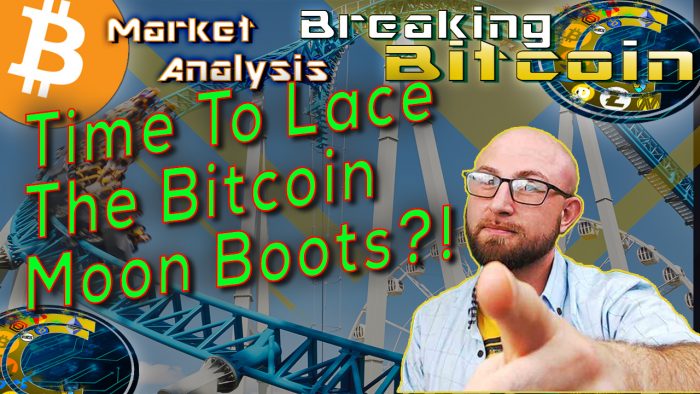text time to lace up the bitcoin moon boots?! next to justin happy msirking and point straight at camera with graphic background of roller coaster and bitcoin logo