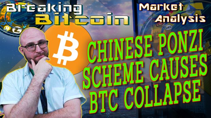 text chinese ponzi scheme causes btc collapse next to justin looking at camera with hand on chin thinking with graphic background and bitcoin logo