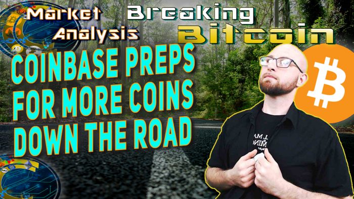 text coinbase preps for more coins down the road next to justin holding side of button up shirt looking up prospectively with background graphic low to ground of road with middle line stripe looking far into distance and bitcoin logo