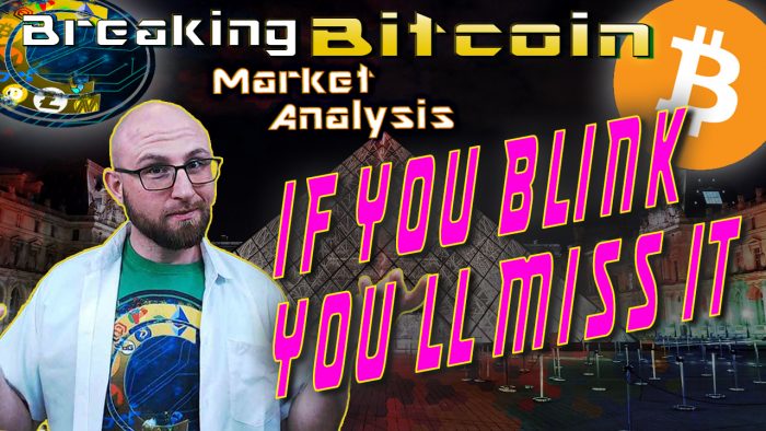 text if you blink, you'll miss it next to justin with well what you think face and background graphic with bitcoin logo