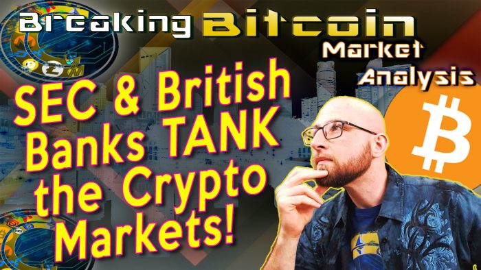 text sec & british banks tank the crypto markets! next to justin with hand on chin looking up thinking deeply with graphic background and bitcoin logo