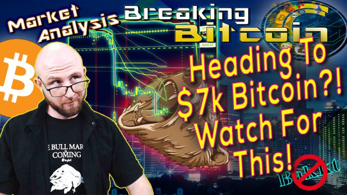 text heading to $7k bitcoin? Watch for this! next to justin looking over his glasses in concern question face with graphic background of city scape and bitcoin chart show epic crash of 2019 with a bear graphic catching candles in it's mouth and bitcoin logo