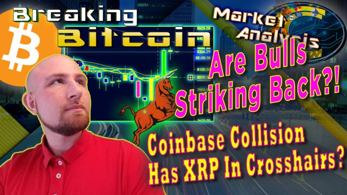 Text are bulls striking back? Coinbase colloision has crosshairs on xrp next to justin's face looking up at title with graphic background and bitcoin bullish chart with background glow and a bull graphic pushing the long candles up with bitcoin logo