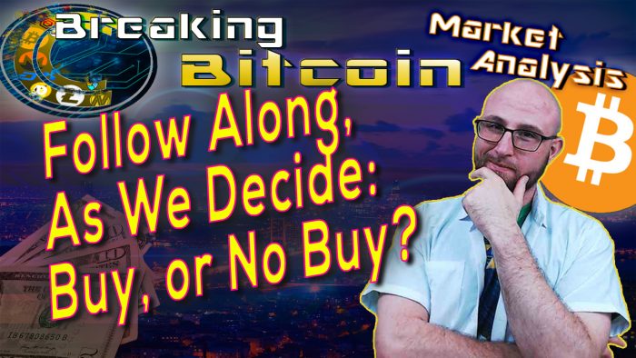 text follow along as we decide: buy or no buy next to justin looking at camera with hand on chin thinking and graphic cityscape background and bitcoin logo
