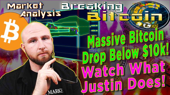text massive bitcoin crash below $10K! Watch what justin does! next to justin with glasses in hand up to face thinking concerned faced with dollar money burning graphic background bitcoin logo and chart of bitcoin crash september 09-24-2019